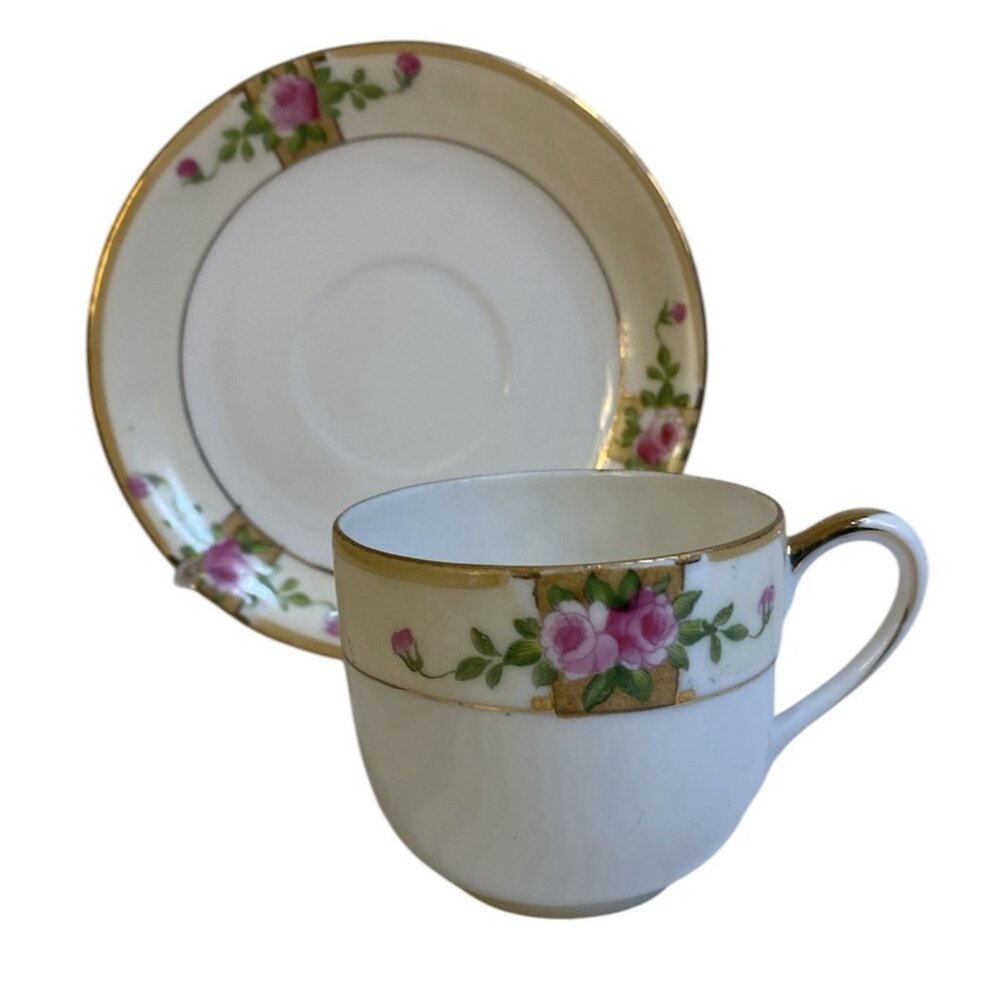 Antique Demitasse Cup and Saucer Pink Tea Roses Hand Painted Gilt Trim Nippon